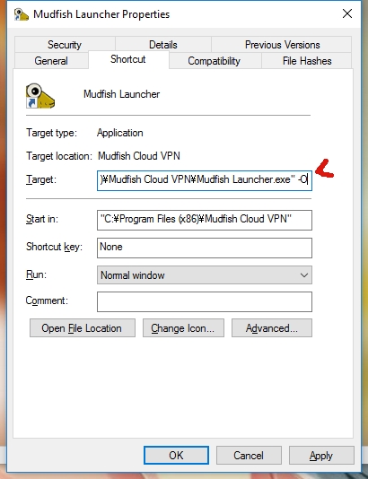Mudfish Launcher shortcut properties with the -O option
