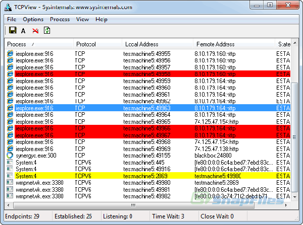 TCPView showing processes, protocols, and local and remote addresses