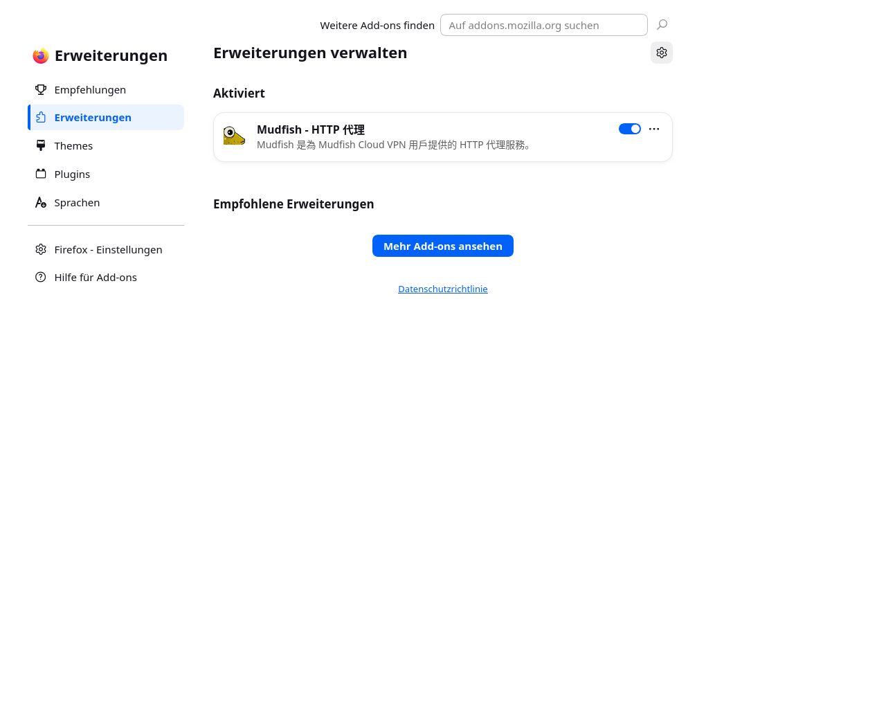 Erweiterungsverwaltung in Firefox