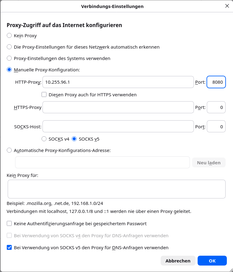 Manuelle HTTP-Proxykonfiguration in Firefox