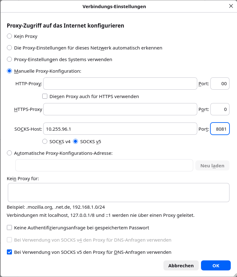 Firefox-Dialog zur manuellen Proxykonfiguration