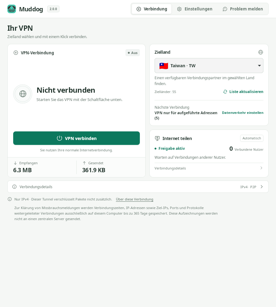 VPN-Verbindung — Muddog 2.0.0 (Linux)