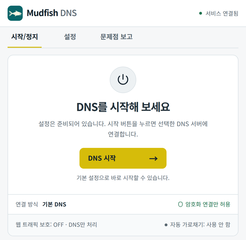 Skrin tab Mula/Henti yang memaparkan arahan untuk memulakan DNS dan butang Mula DNS.
