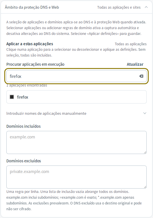 Âmbito de aplicações e domínios — Mudfish DNS 0.1.3 (Linux)
