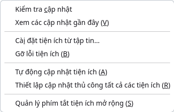 Menu cài đặt tiện ích từ tập tin